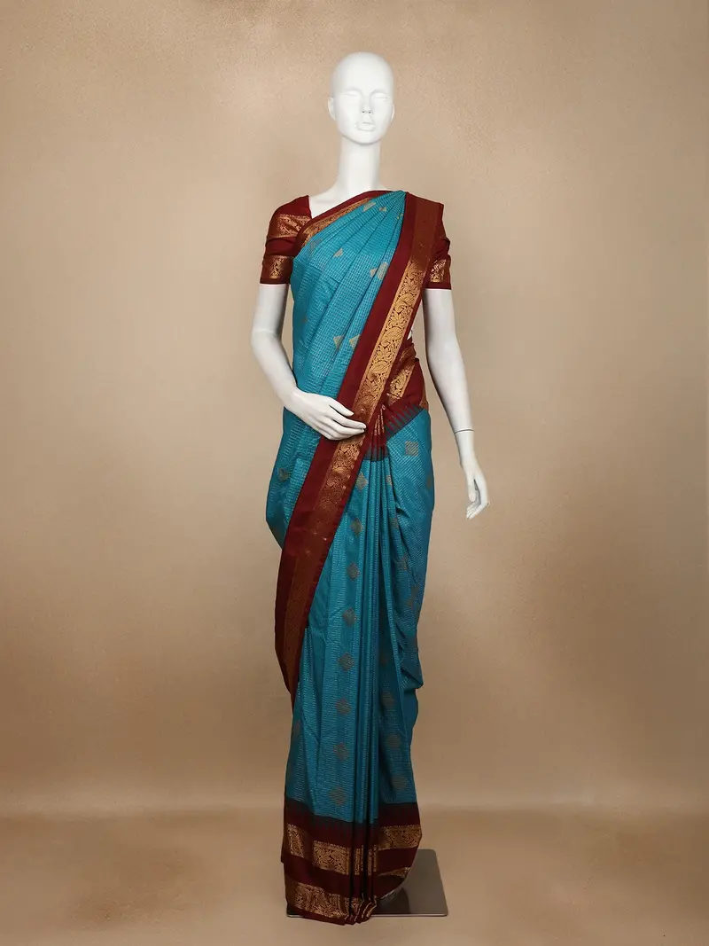 Teal Blue Checked Butta Woven Soft Silk Saree With Maroon Zari Border 1