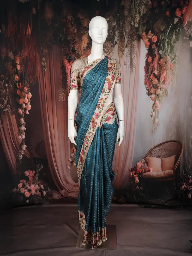 Teal Blue Checked Design Tussar Saree With Floral Printed Border 1