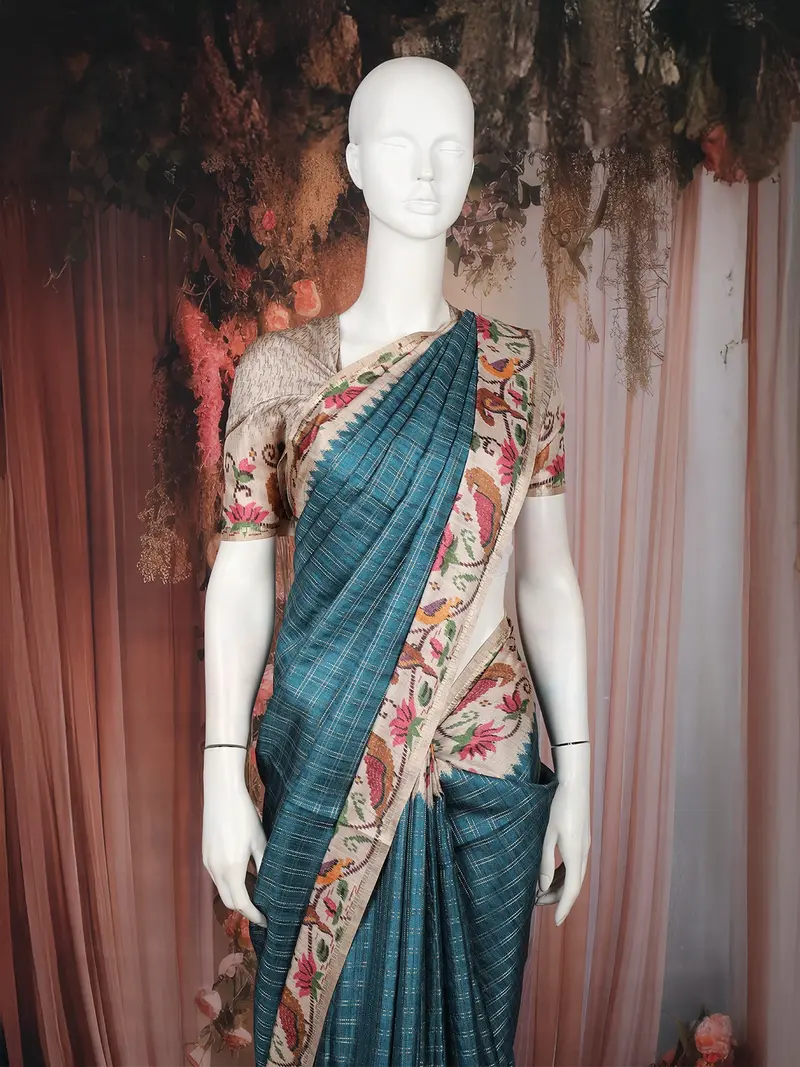 Teal Blue Checked Design Tussar Saree With Floral Printed Border 2