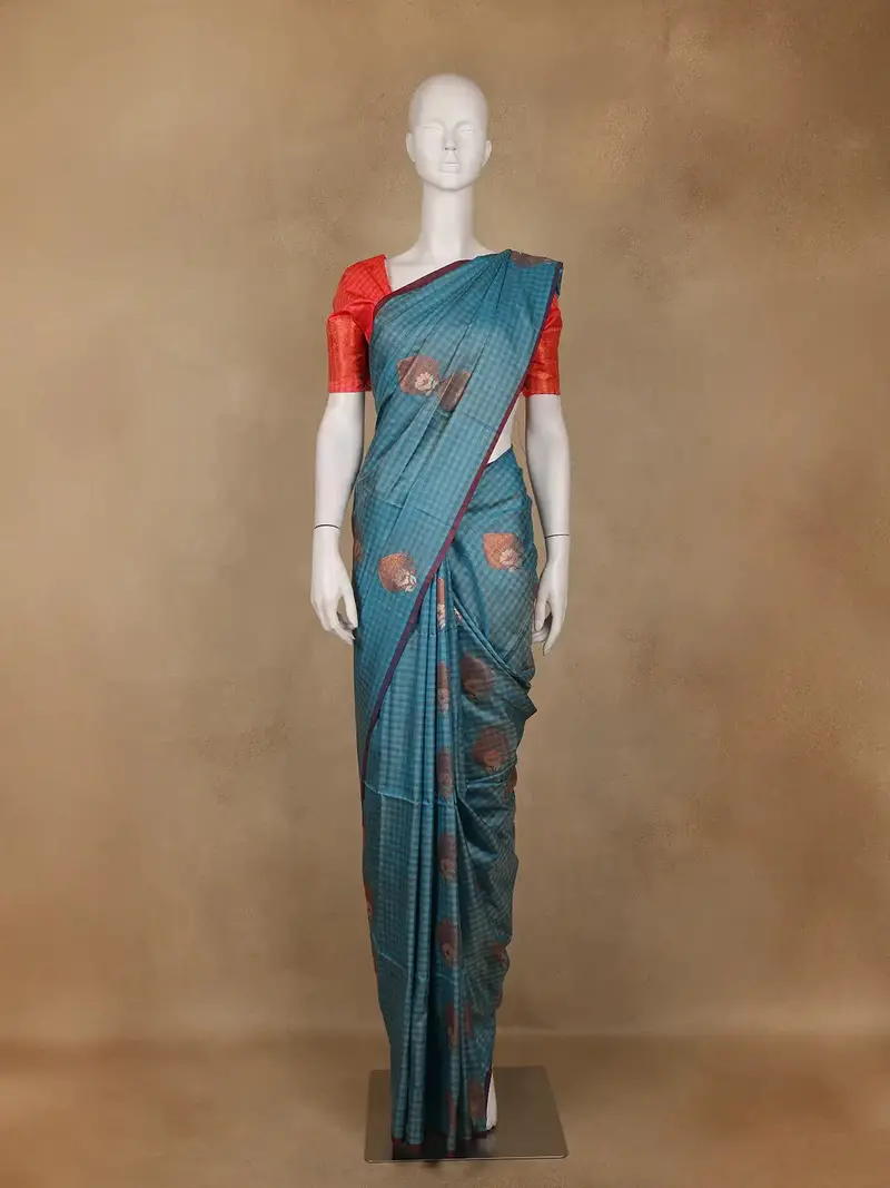 Teal Blue Checked Soft Silk Saree With Contrast Red Zari Blouse 1
