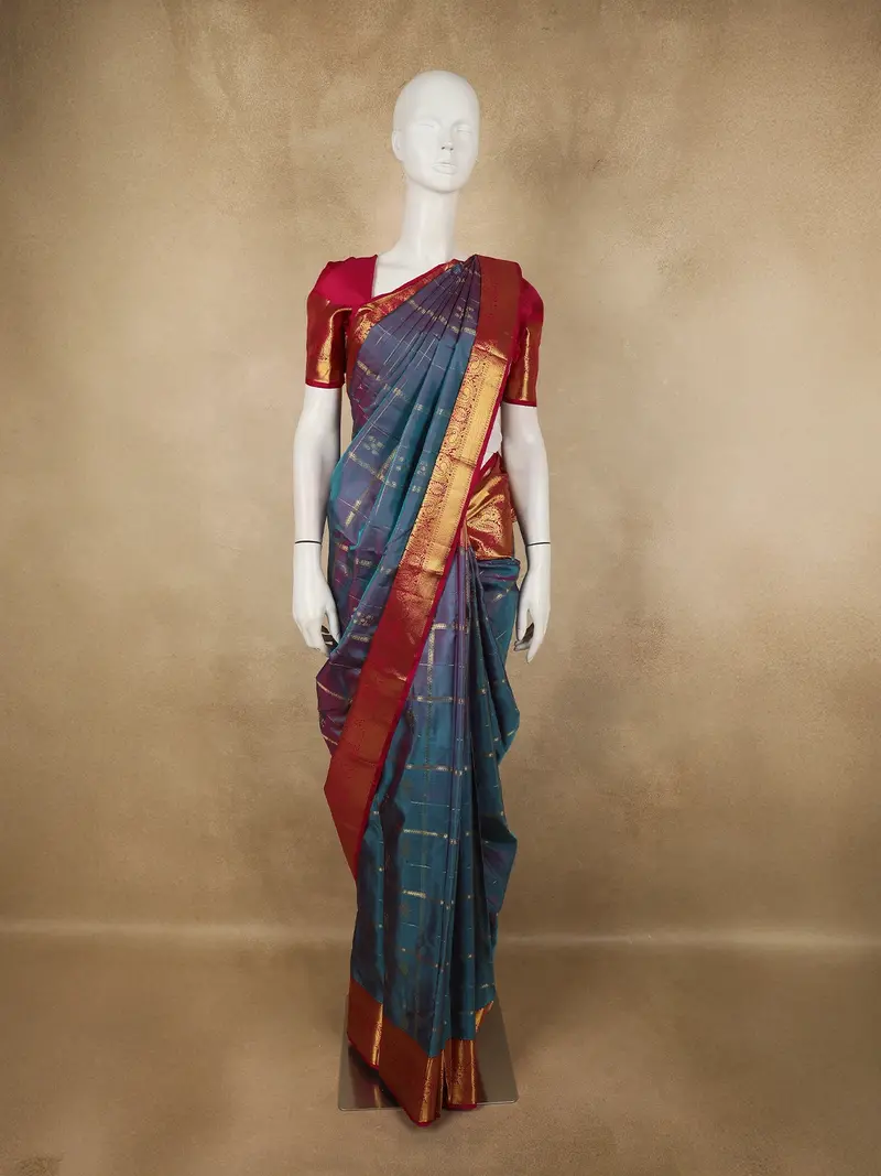 Teal Blue Checked Zari Woven Design Pure Kanchipuram Silk Saree With Contrast Zari Border 1
