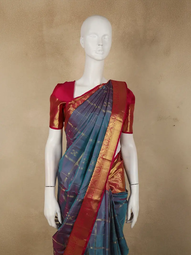 Teal Blue Checked Zari Woven Design Pure Kanchipuram Silk Saree With Contrast Zari Border 2