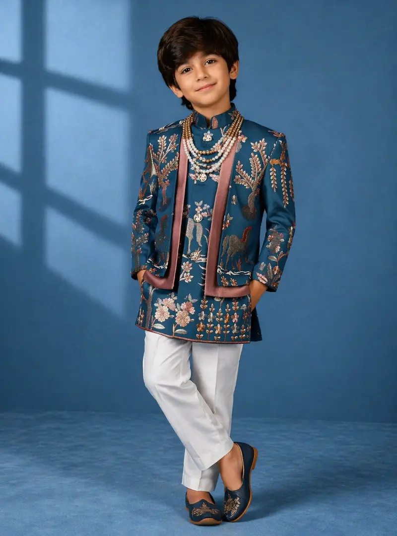 Teal Blue Cotton Floral Embroidery Over Jacket Sherwani And Pant Set 1