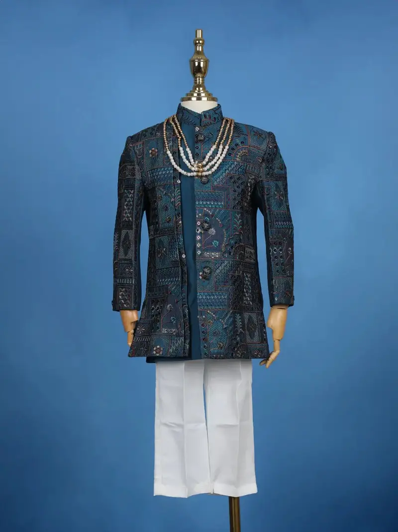 Teal Blue Cotton Floral Embroidery Sherwani And Pant Set 1