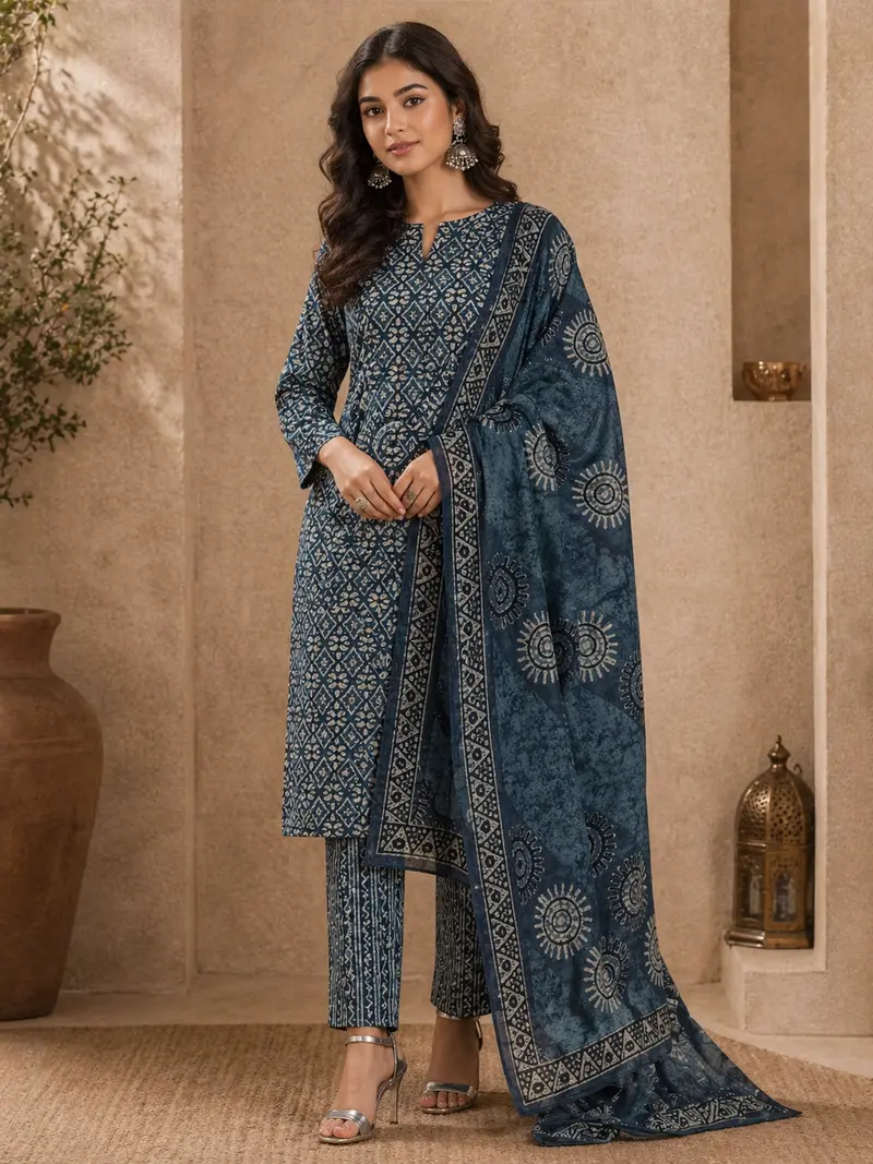 Teal Blue Cotton Straight Cut Salwar Suit Adorned With Prints Paired With Dupatta 1