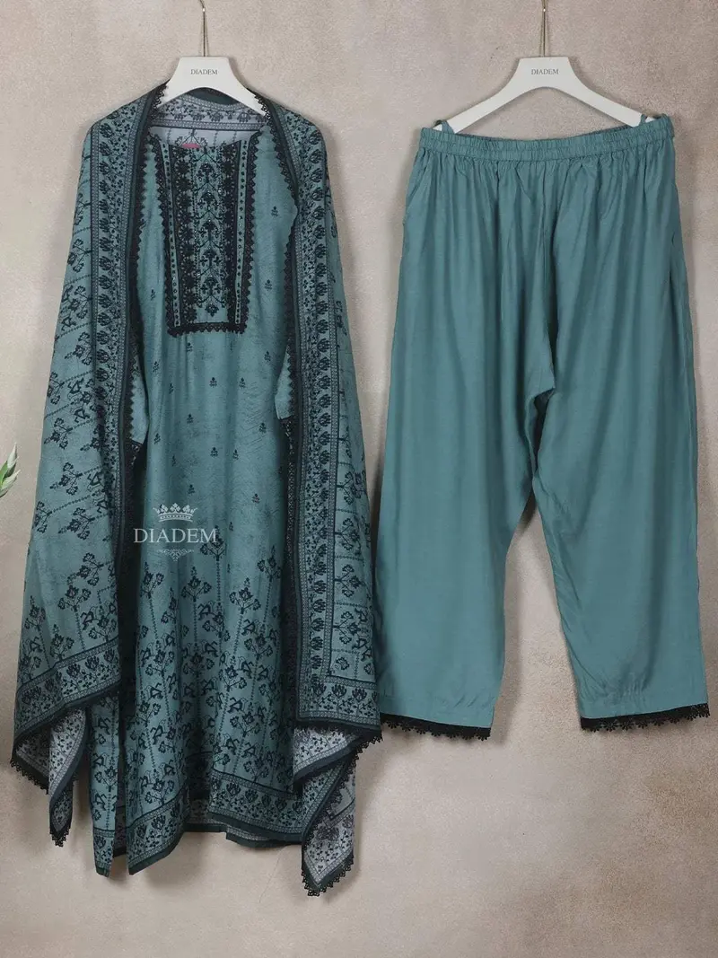 Teal Blue Cotton Straight-Cut Salwar Suit For Women Embellished With Sequins And Floral Prints, Paired With Dupatta 1
