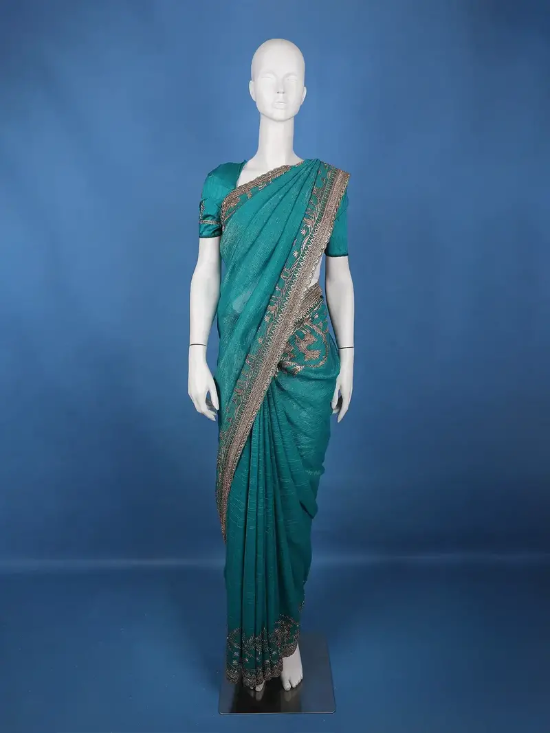 Teal Blue Deer Motif Embroidered Georgette Saree 1