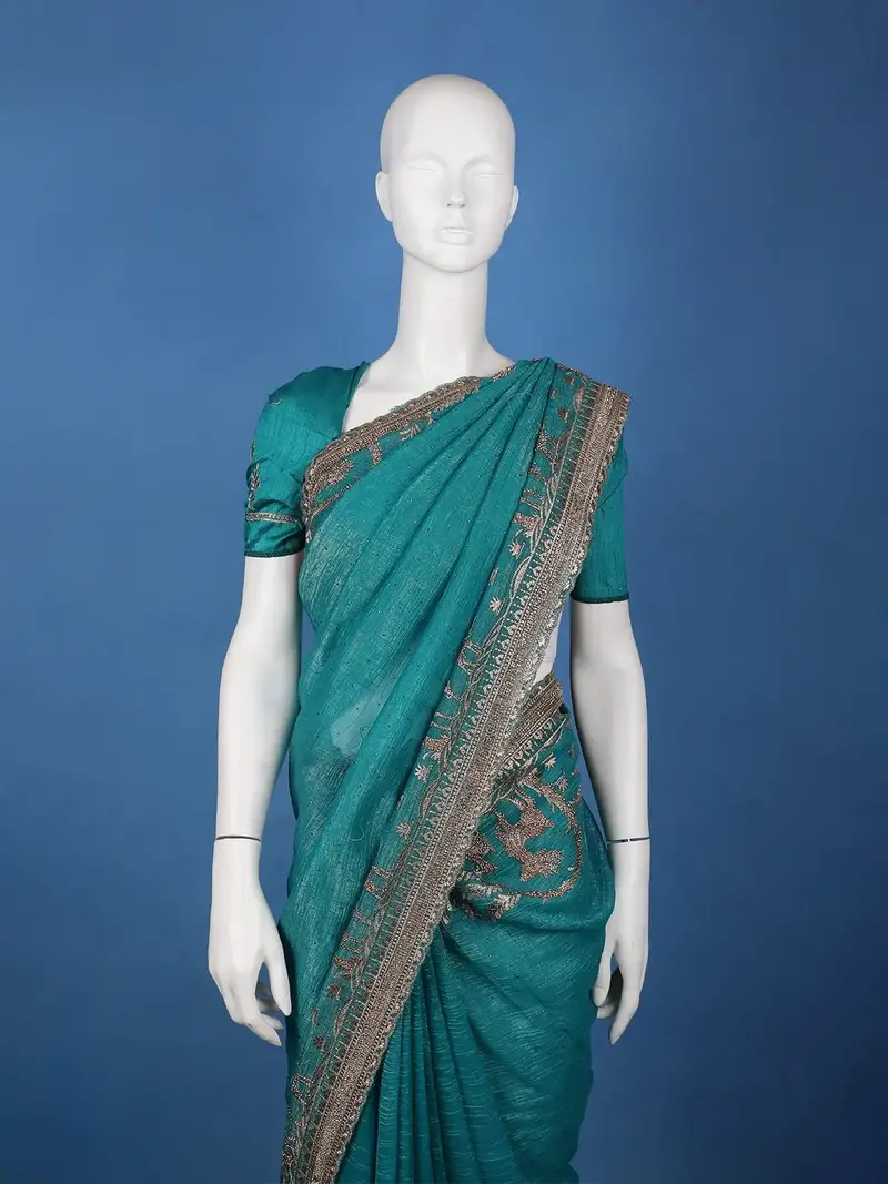 Teal Blue Deer Motif Embroidered Georgette Saree 2
