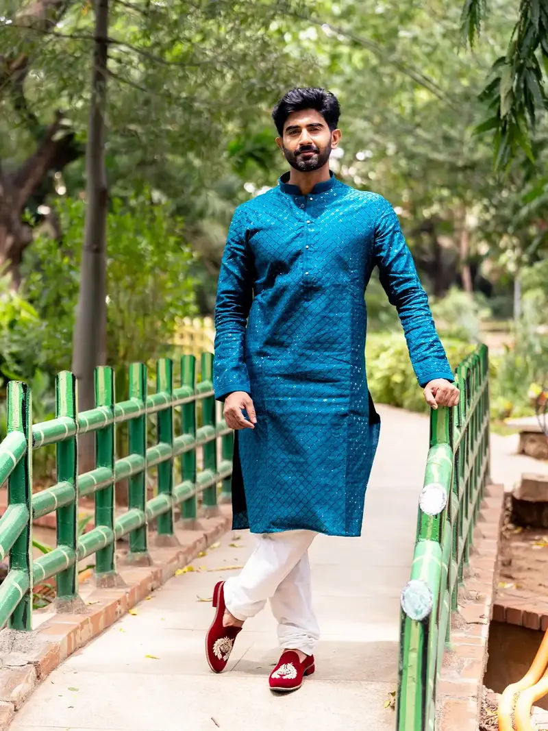 Teal Blue Diamond Sequin Embroidered Cotton Kurta Set 1