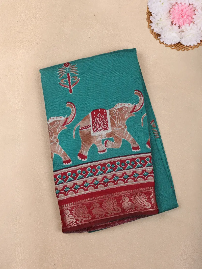 Teal Blue Elephant Printed Design Chanderi Cotton Saree With Contrast Zari Border 1
