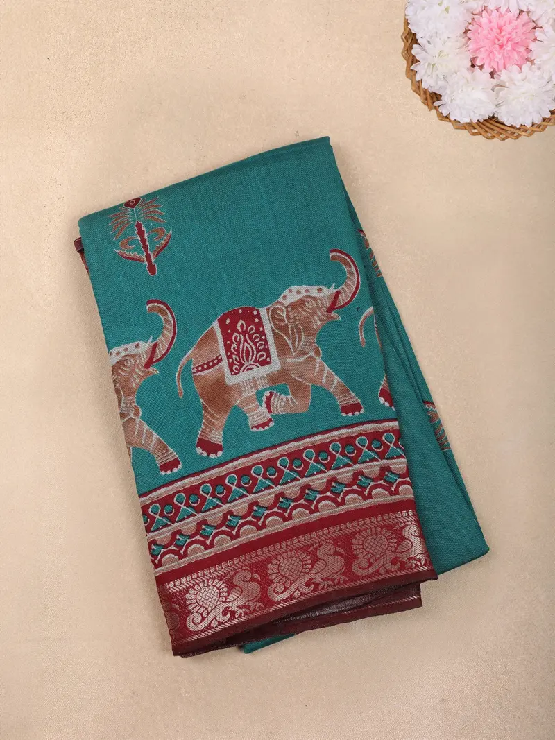 Teal Blue Elephant Printed Design Chanderi Cotton Saree With Contrast Zari Border 1