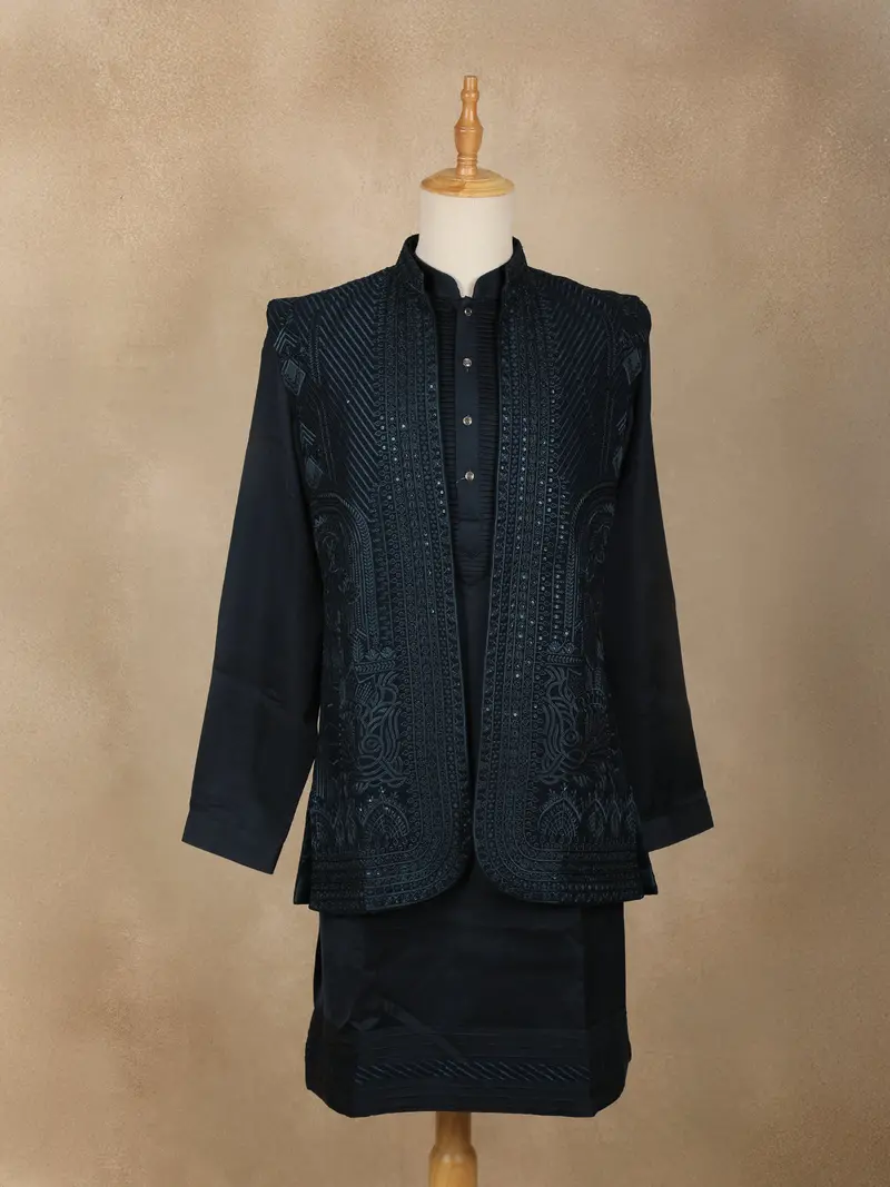 Teal Blue Embroidered Design Brocade Kurta Pyjama 1