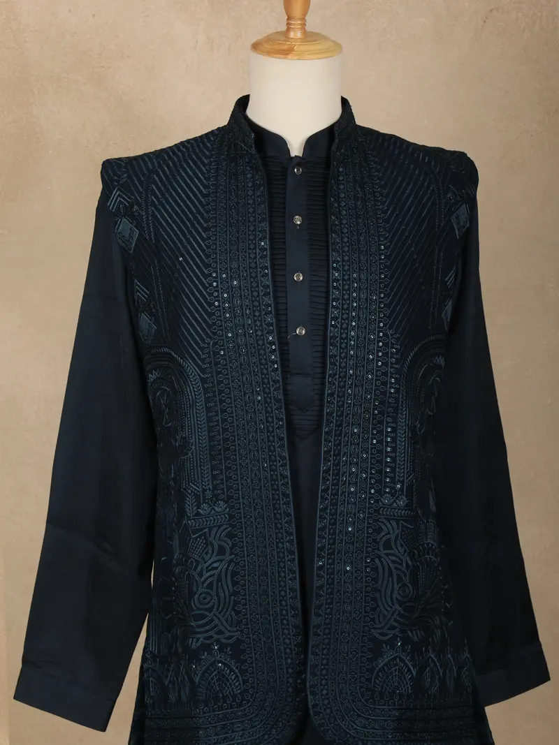 Teal Blue Embroidered Design Brocade Kurta Pyjama 2