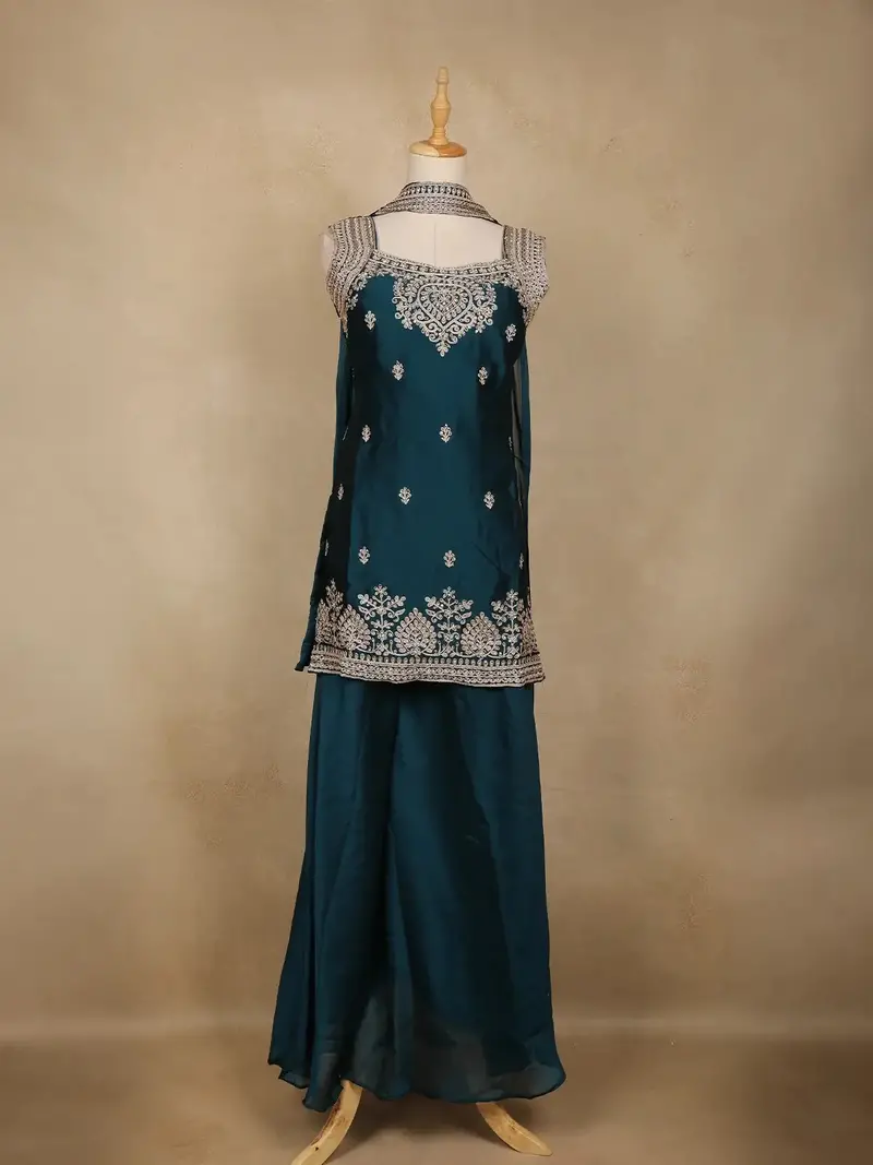 Teal Blue Embroidered Design Chiffon Palazzo Suit 1