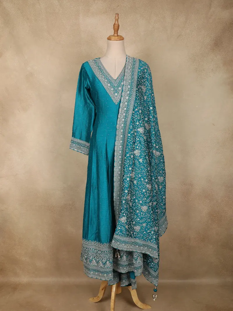 Teal Blue Embroidered Georgette Anarkali Salwar Suit With Dupatta 1