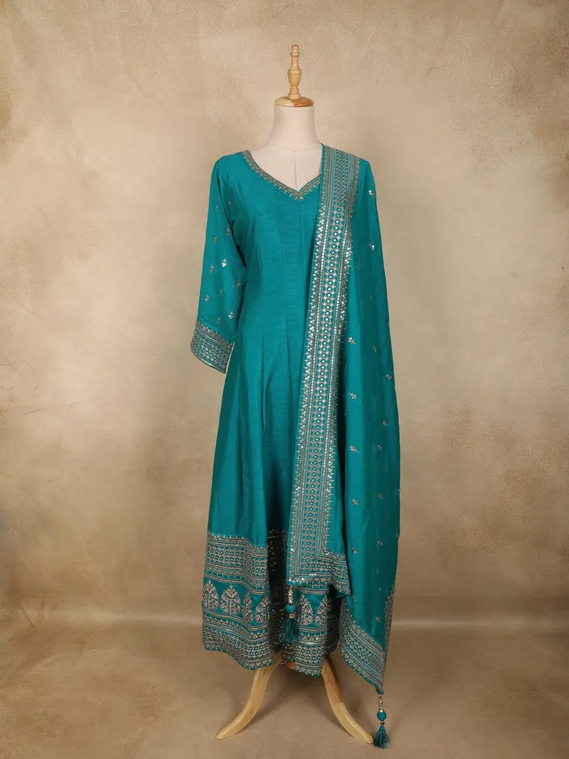 Teal Blue Embroidered Georgette Anarkali Suit With Dupatta 1