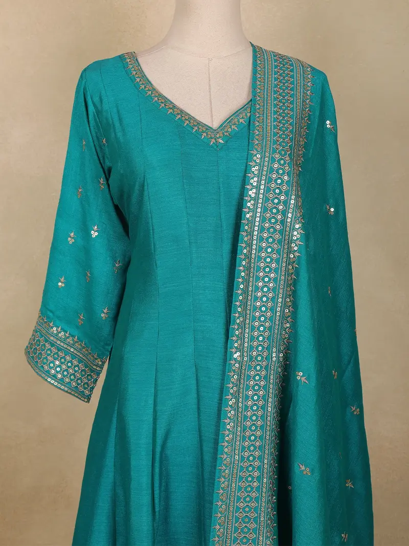 Teal Blue Embroidered Georgette Anarkali Suit With Dupatta 2