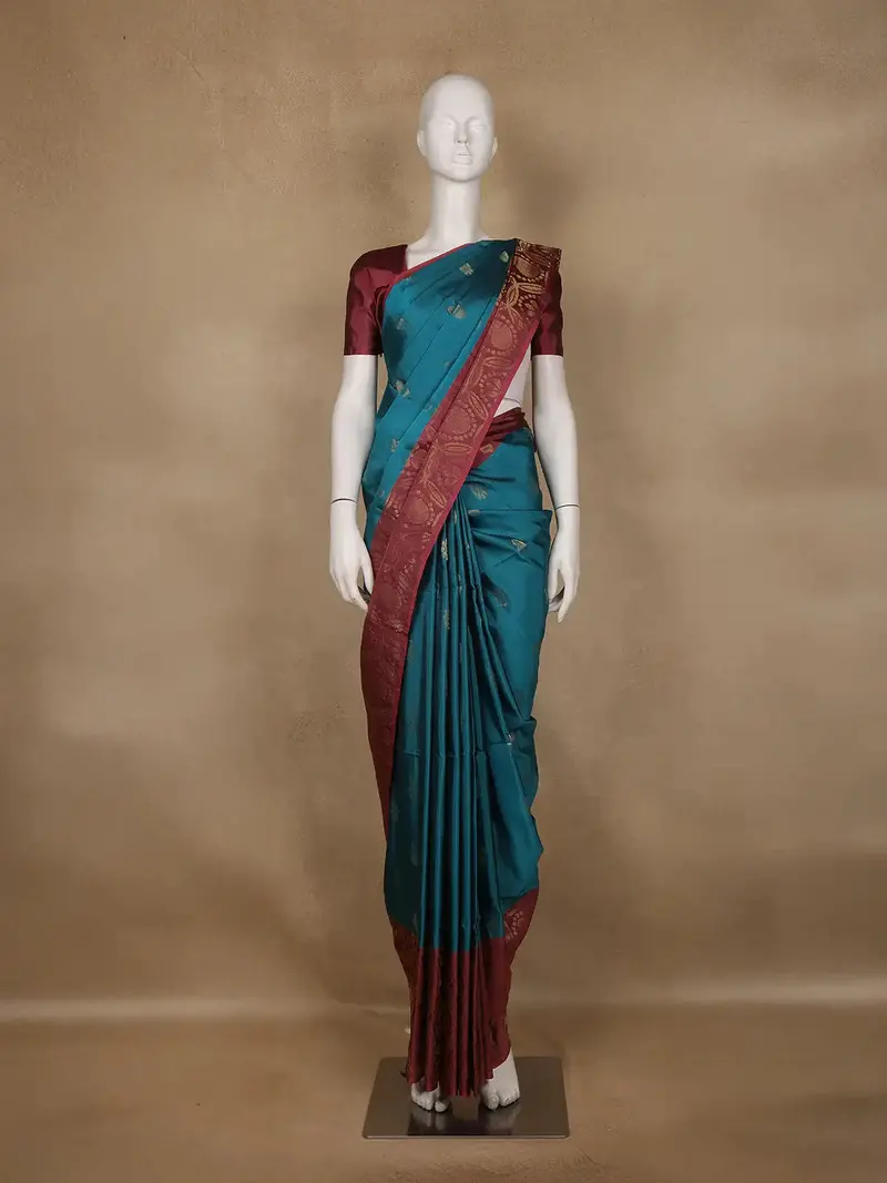 Teal Blue Floral And Paisley Design Woven Soft Silk Saree 1