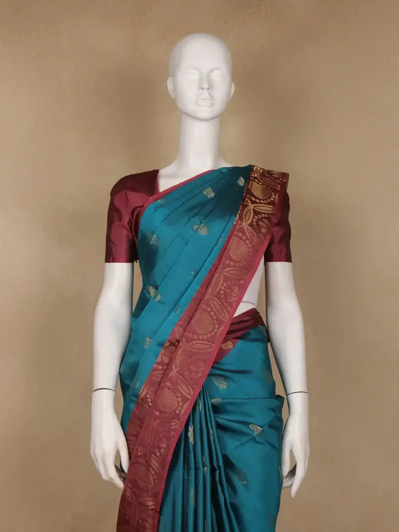 Teal Blue Floral And Paisley Design Woven Soft Silk Saree 2