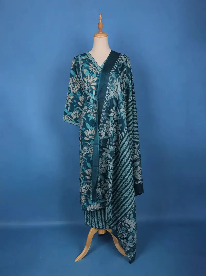 Teal Blue Floral And Striped Printed Design Cotton Salwar Suit 1
