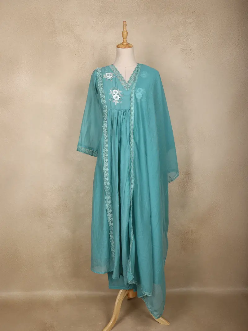 Teal Blue Floral Appliqué Embroidered Cotton Salwar Suit With Scallop Lace 1
