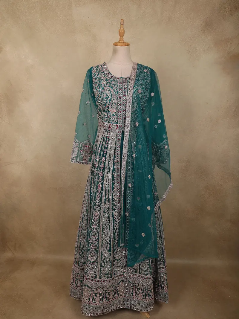 Teal Blue Floral Beads And Zari Embroidered Design Net Mastani Lehenga With Dupatta 1