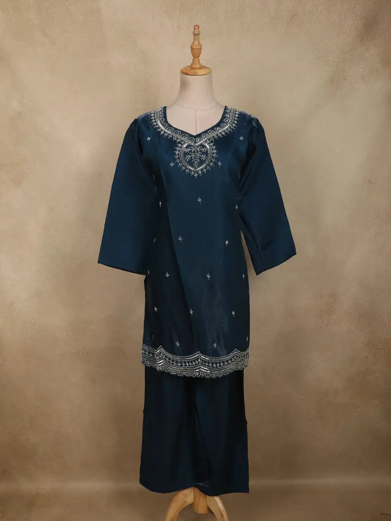 Teal Blue Floral Beads Embroidered Design Organza Palazzo Suit 1