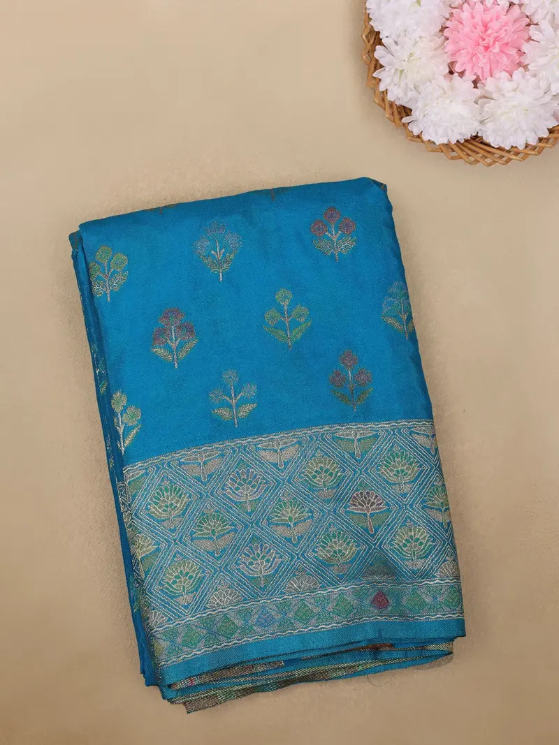 Teal Blue Floral Butta Design Georgette Saree 1
