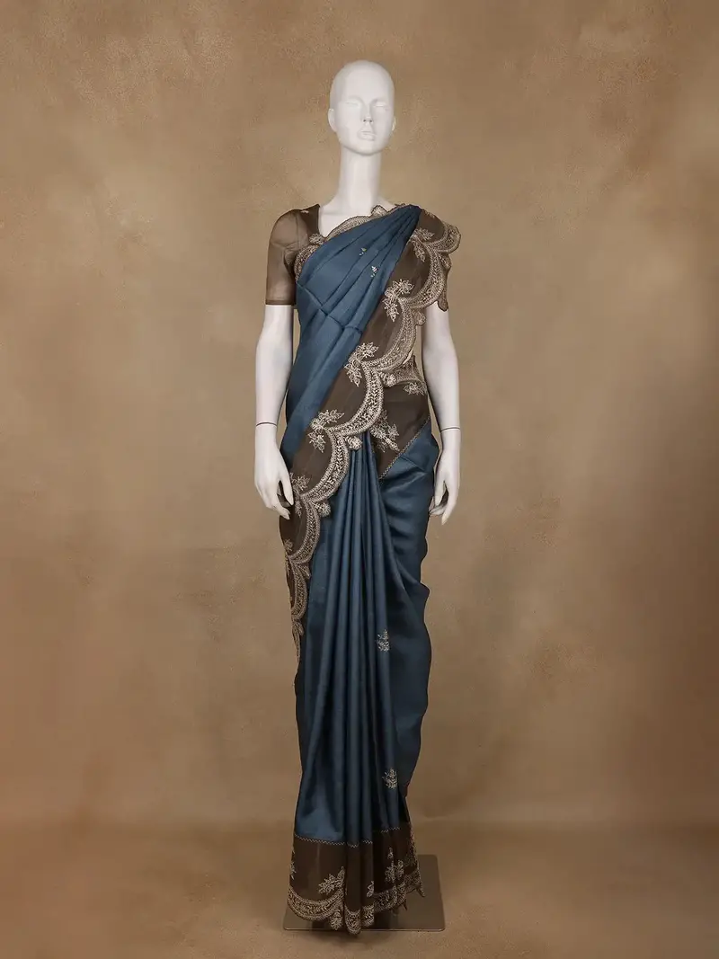 Teal Blue Floral Butta Design Pure Tussar Silk Saree 1
