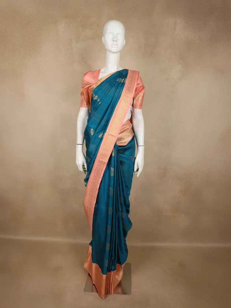 Teal Blue Floral Butta Woven Design Pure Kanchipuram Silk Saree With Contrast Floral Zari Border 1