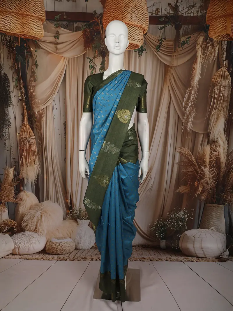 Teal Blue Floral Butta Zari Woven Design Semi Tussar Saree With Contrast Motif Zari Border 1