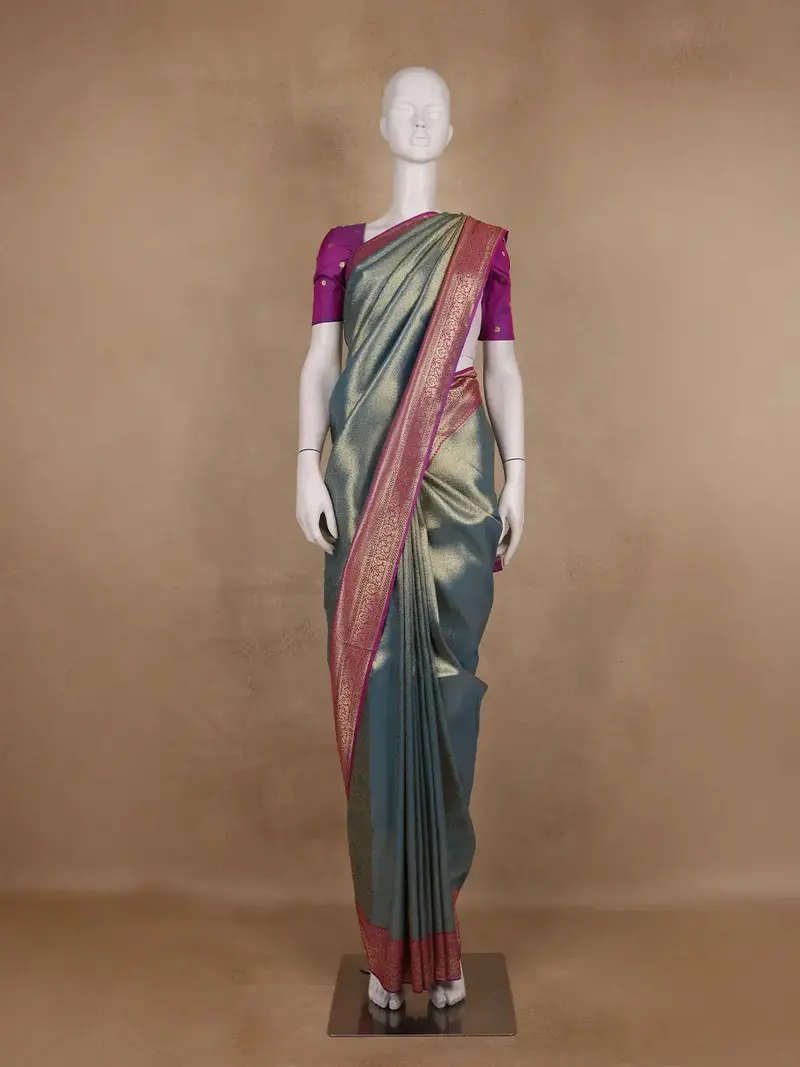 Teal Blue Floral Design Banarasi Silk Saree 1