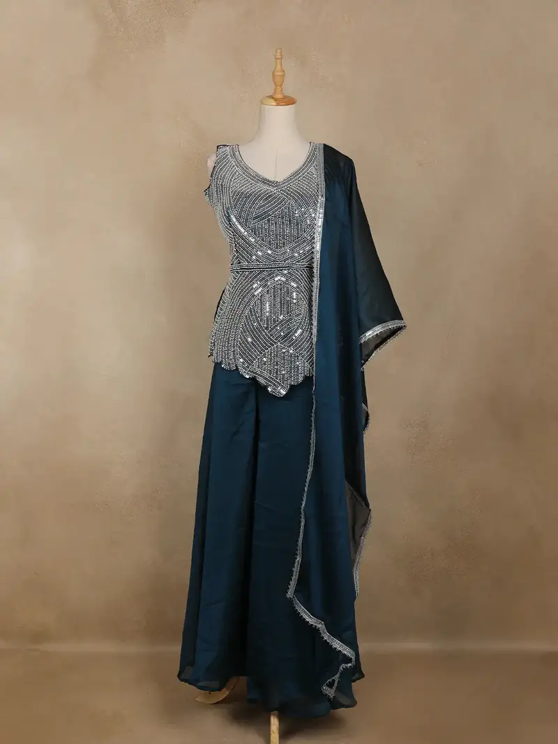 Teal Blue Floral Design Chiffon Palazzo Suit 1