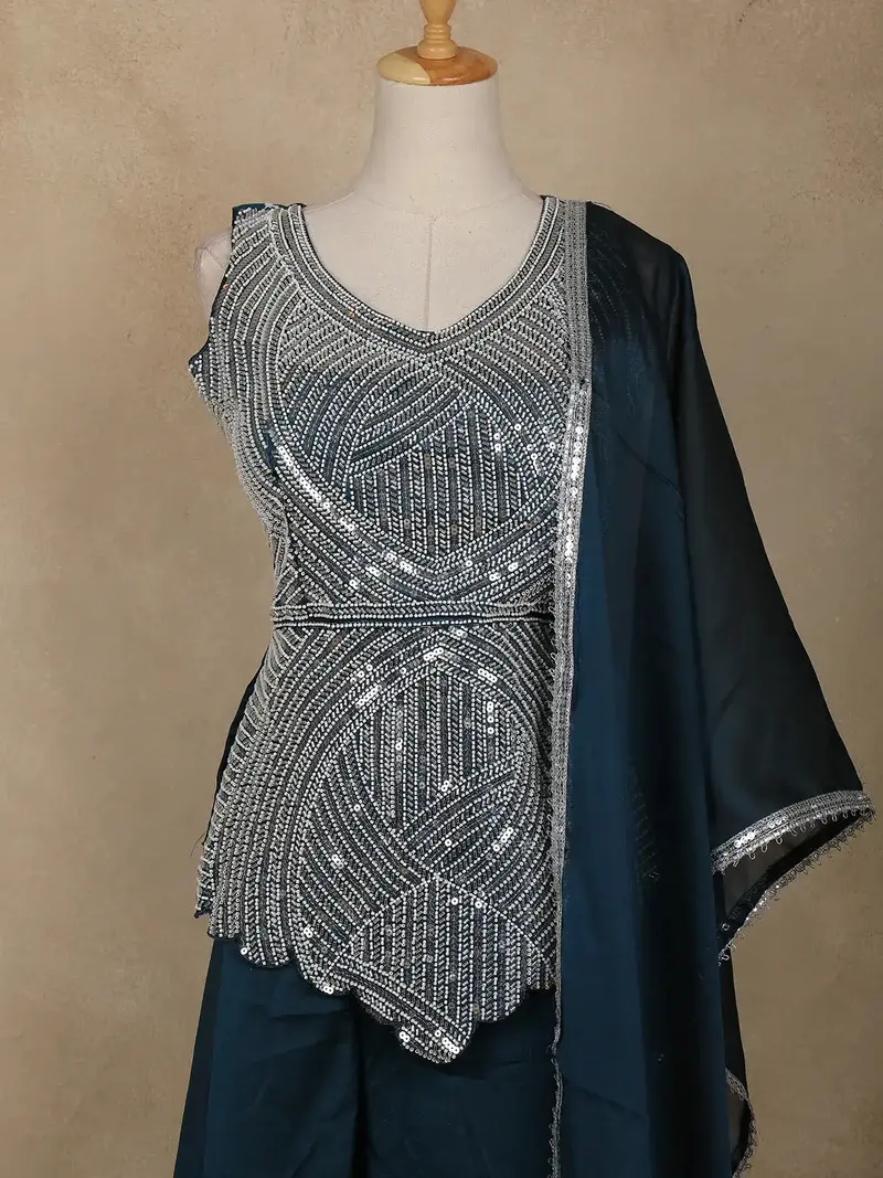 Teal Blue Floral Design Chiffon Palazzo Suit 2