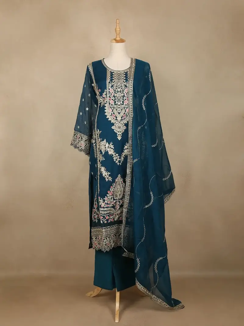 Teal Blue Floral Design Chiffon Straight Cut Salwar Suit 1