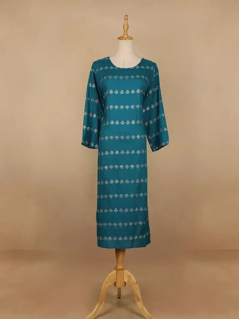 Teal Blue Floral Design Cotton Kurti 1