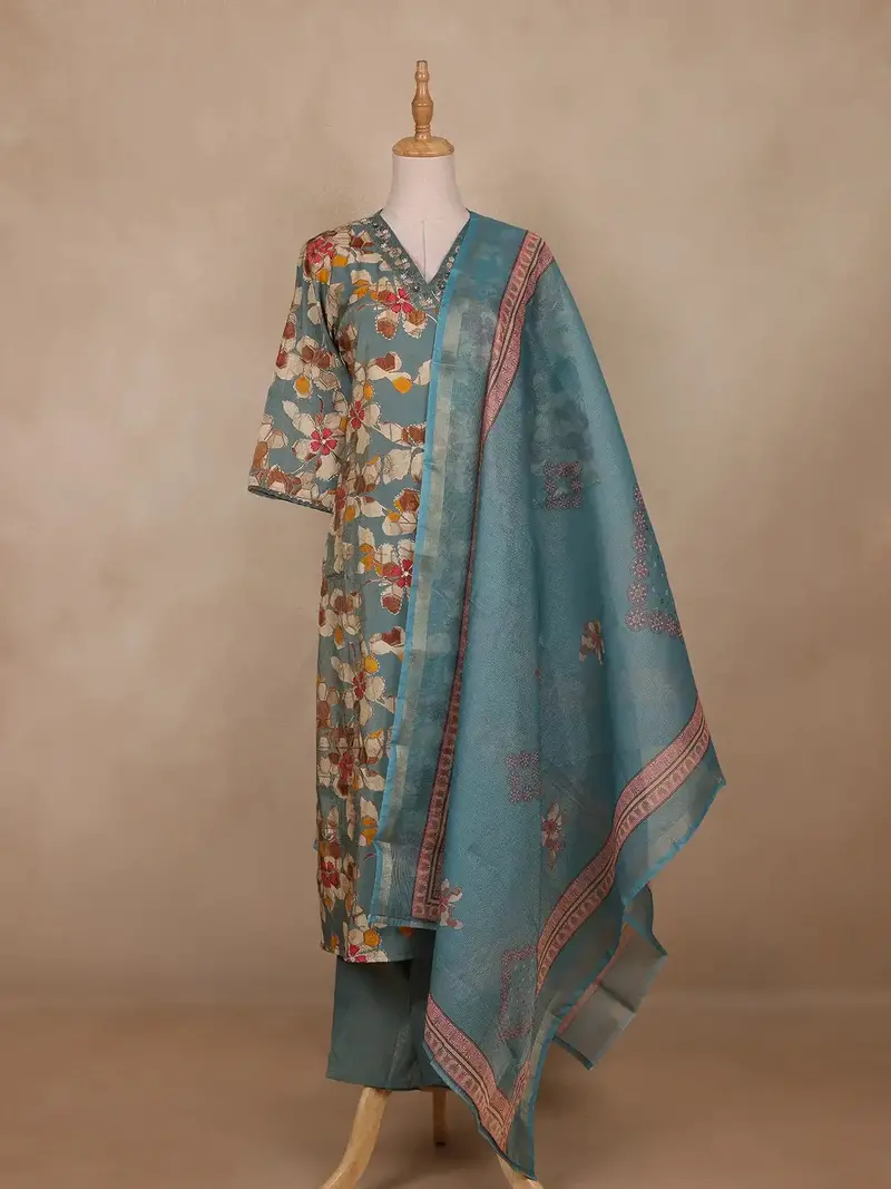 Teal Blue Floral Design Cotton Salwar Suit 1