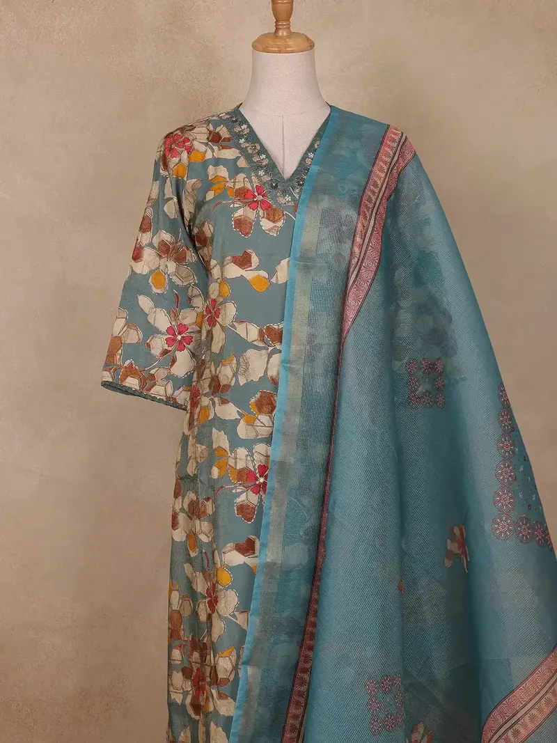 Teal Blue Floral Design Cotton Salwar Suit 2