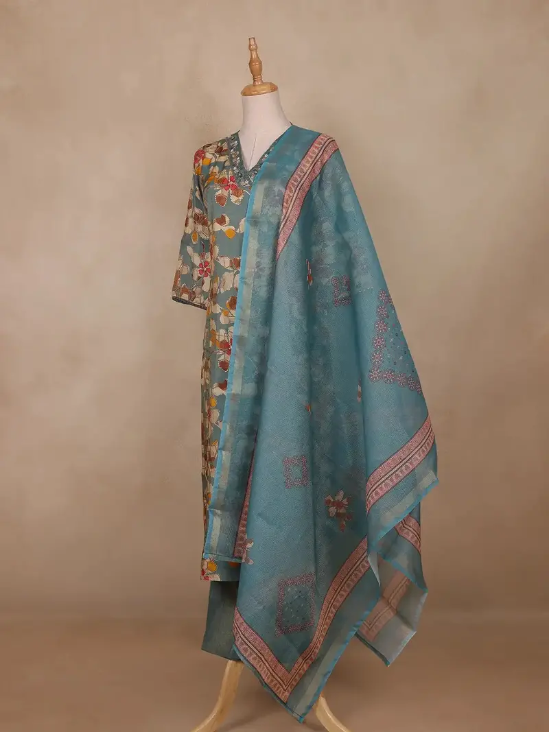 Teal Blue Floral Design Cotton Salwar Suit 3