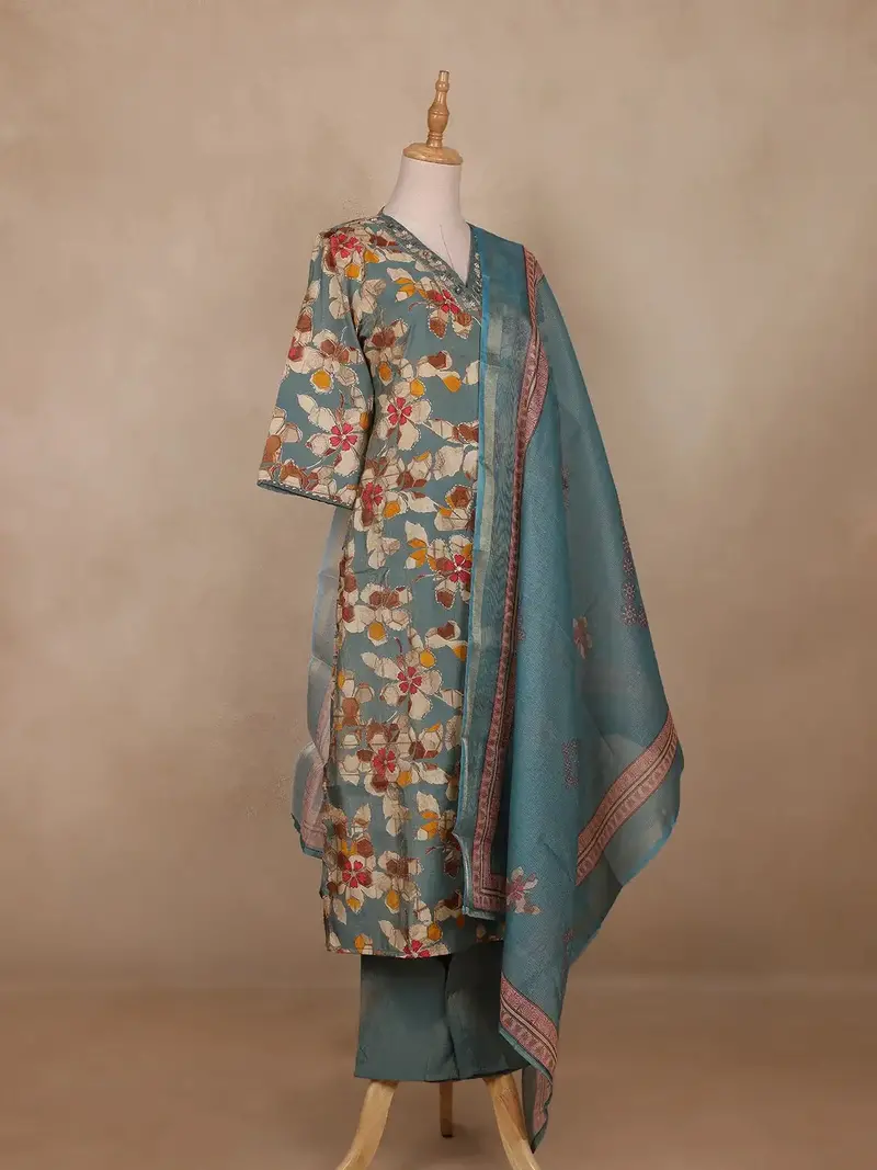 Teal Blue Floral Design Cotton Salwar Suit 4
