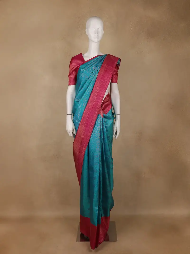 Teal Blue Floral Design Kanchipuram Silk Saree With Contrast Blouse 1