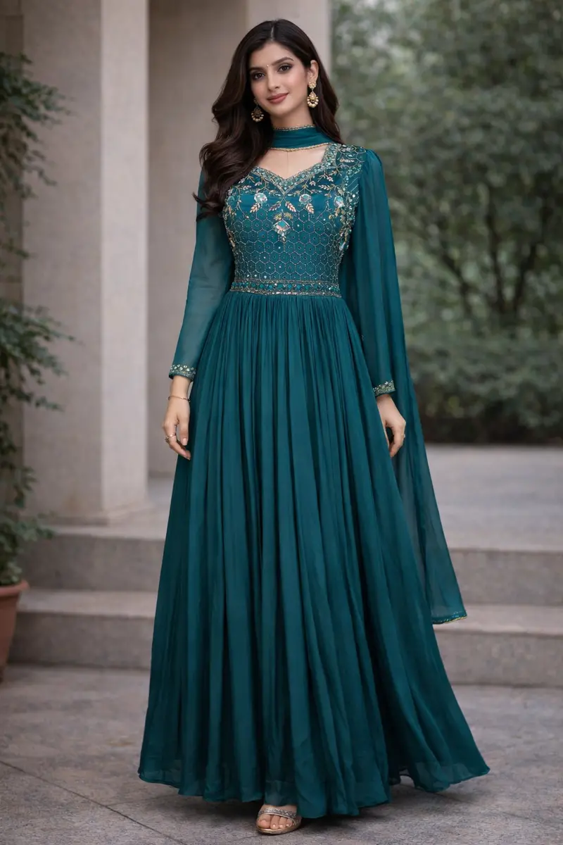 Teal Blue Floral Design Mirror Work  Embroidery Crepe Gown 1