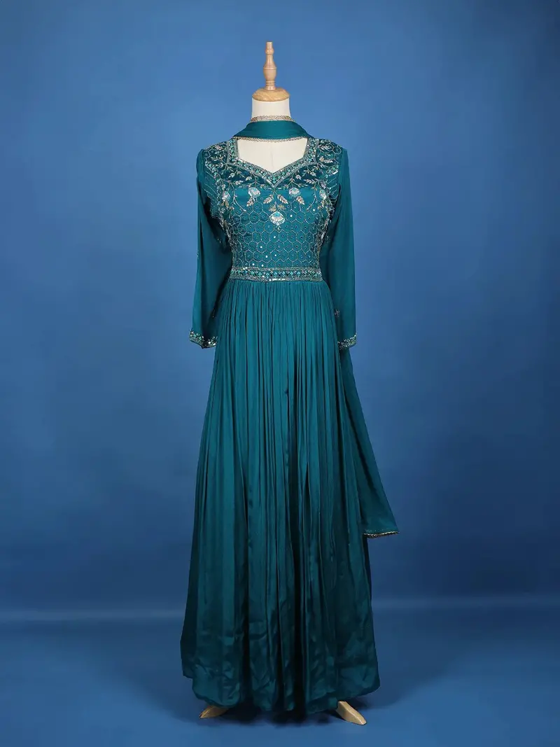 Teal Blue Floral Design Mirror Work Embroidery Crepe Gown 2