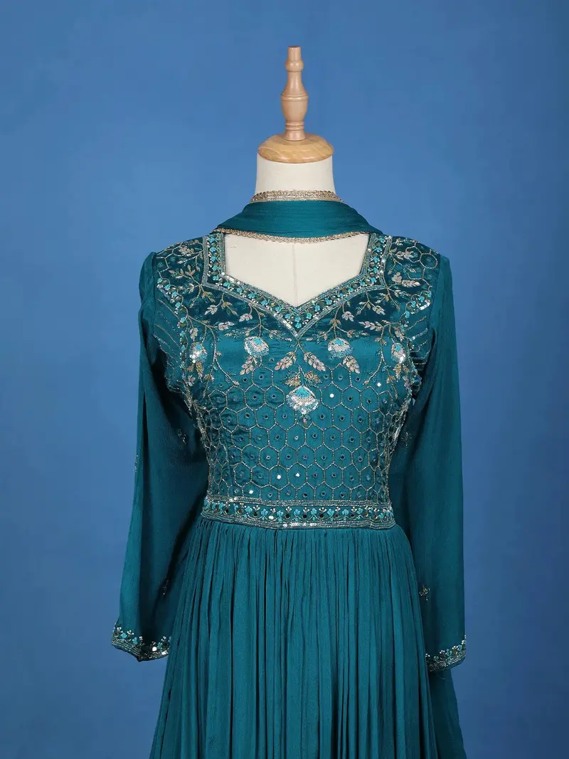 Teal Blue Floral Design Mirror Work Embroidery Crepe Gown 3