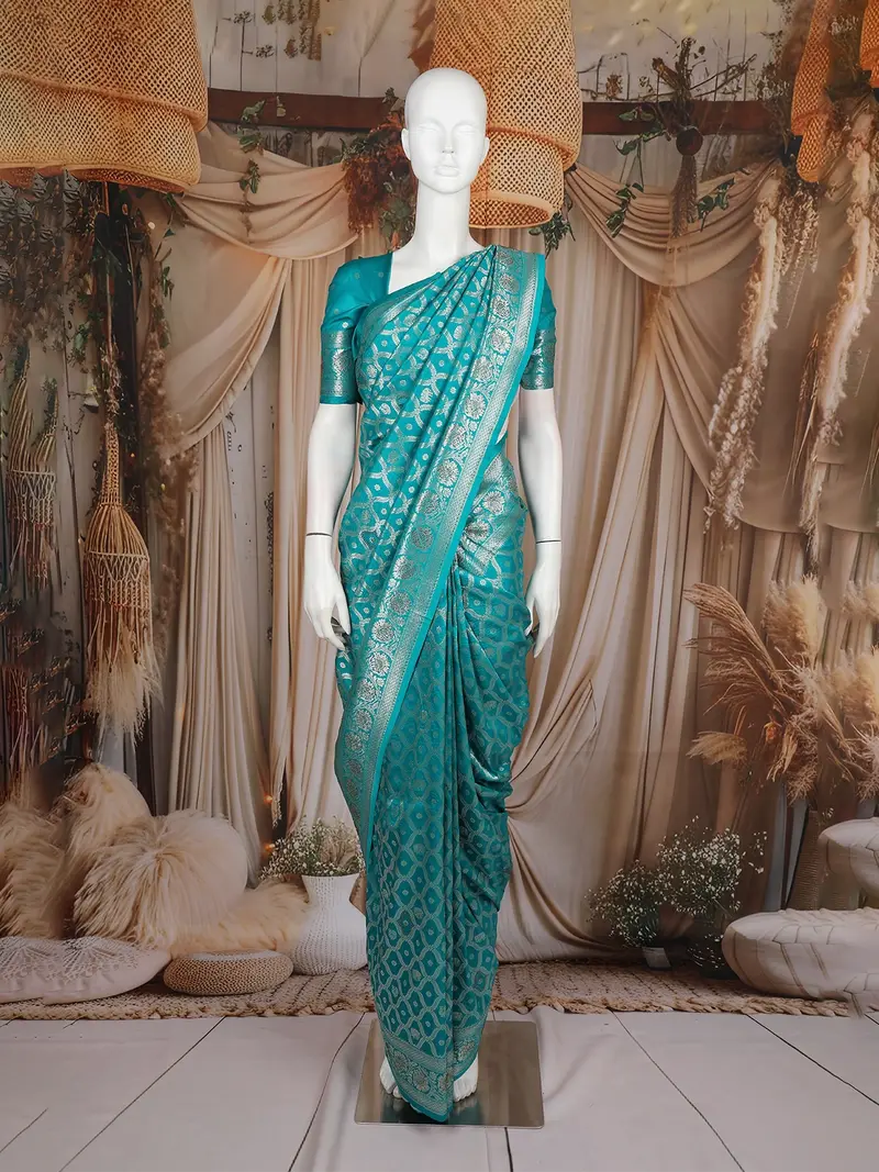 Teal Blue Floral Design Semi Banarasi Saree 1