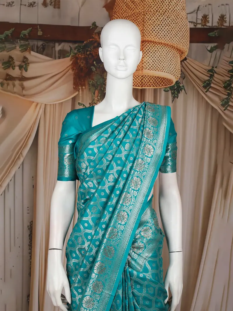 Teal Blue Floral Design Semi Banarasi Saree 2