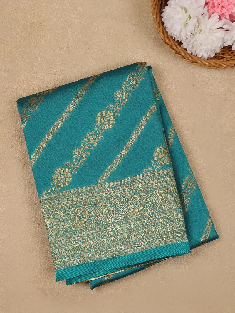 Teal Blue Floral Design Silk Saree 1