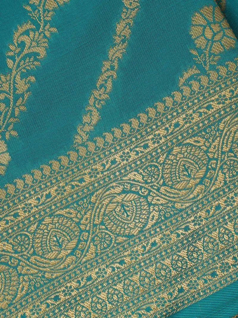 Teal Blue Floral Design Silk Saree 2