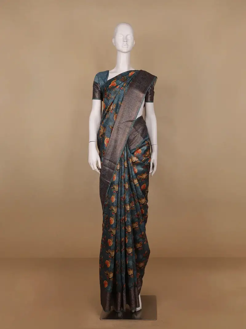 Teal Blue Floral Designed Chanderi Cotton Saree 1