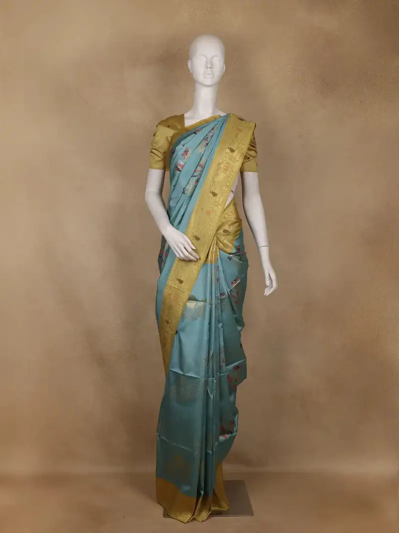 Teal Blue Floral Designed Semi Tussar Saree With Contrast Border 1
